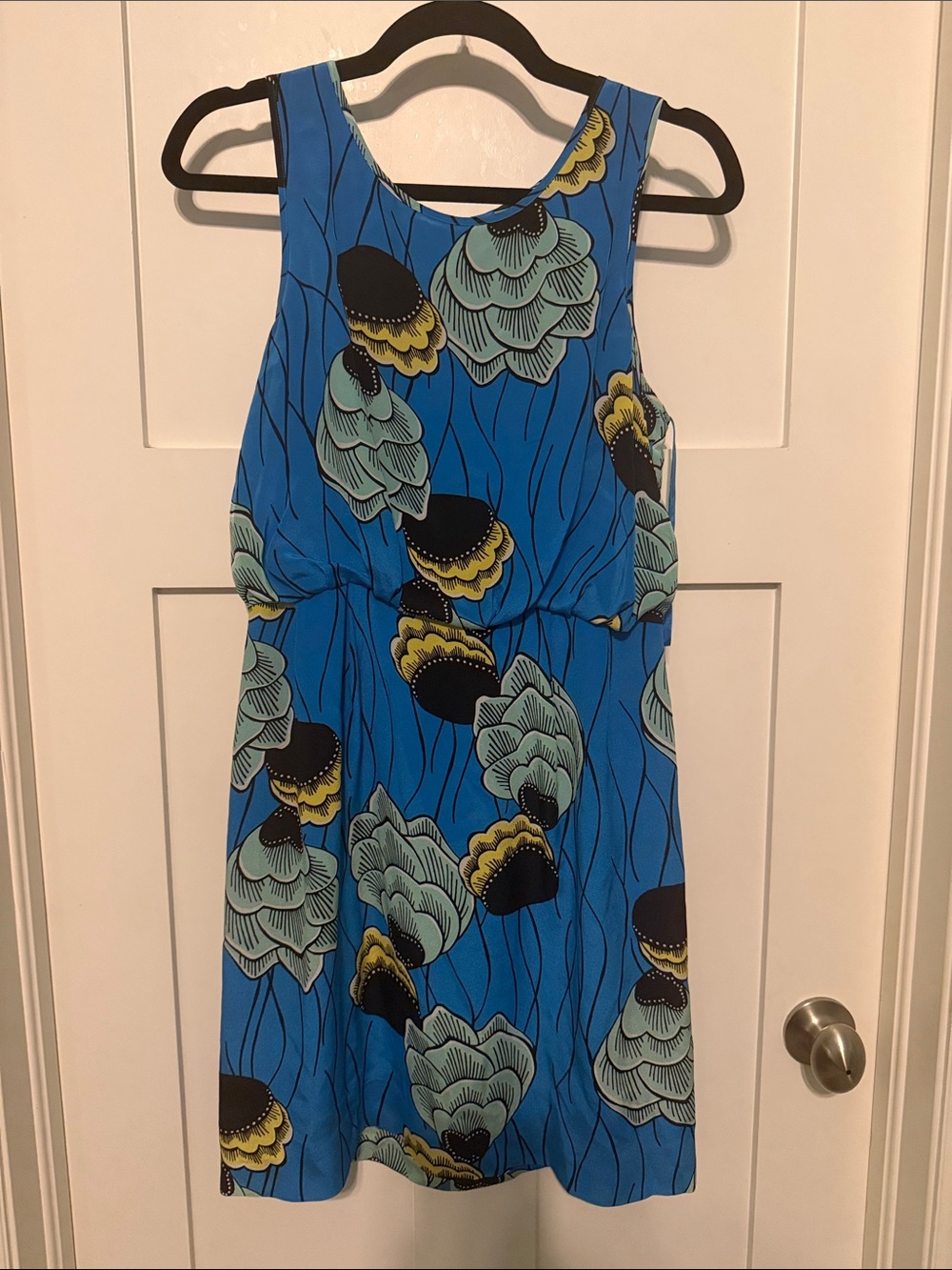 Sariah Anthropologie 100% Silk Blue Floral Print Mini Dress with Yellow Accents